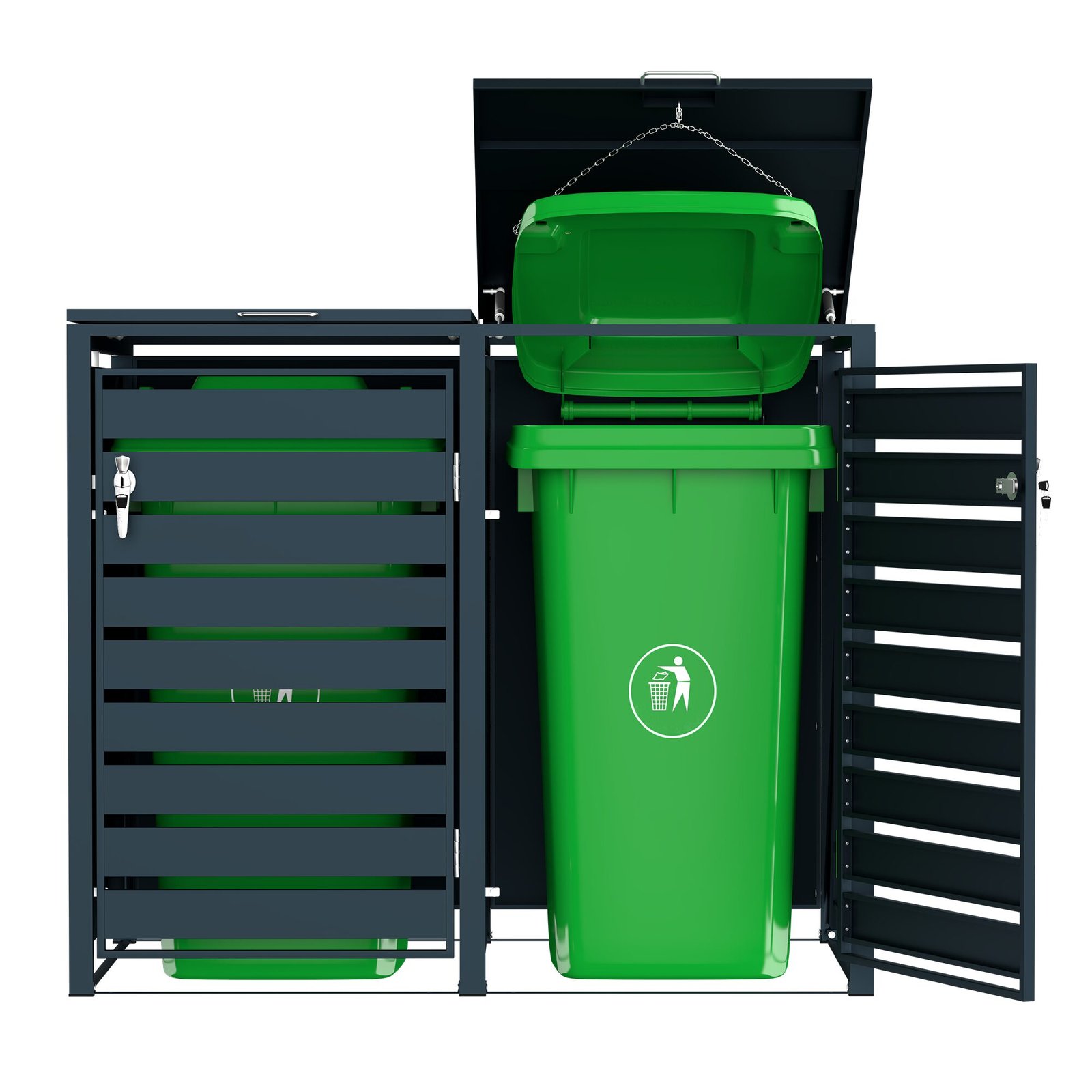 garbage bin box with stainless steel frame and weather-resistant WPC slats for outdoor storage.