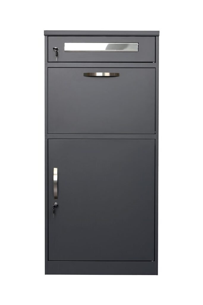 Heavy-duty free standing outdoor parcel drop box in charcoal grey for home security
