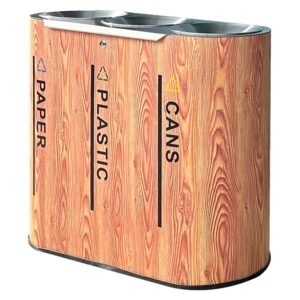 AGL-IL109-3B wood-grain triple recycling bin with three stainless steel top ports.