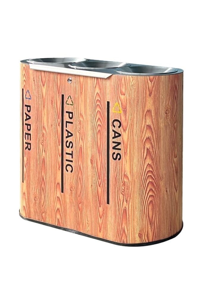 AGL-IL109-3B wood-grain triple recycling bin with three stainless steel top ports.