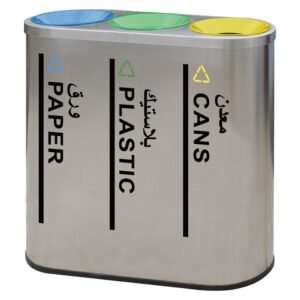 AGL-IL109B3 brushed stainless steel 3 Compartment Recycling Bins with blue, green, and yellow top ports.