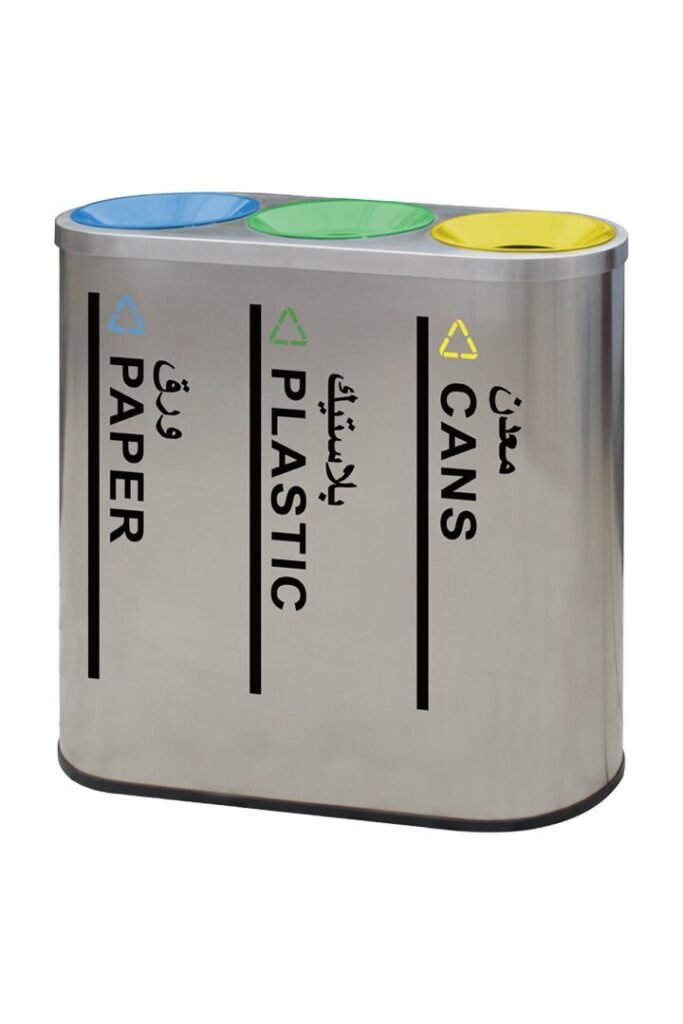 AGL-IL109B3 brushed stainless steel 3 Compartment Recycling Bins with blue, green, and yellow top ports.