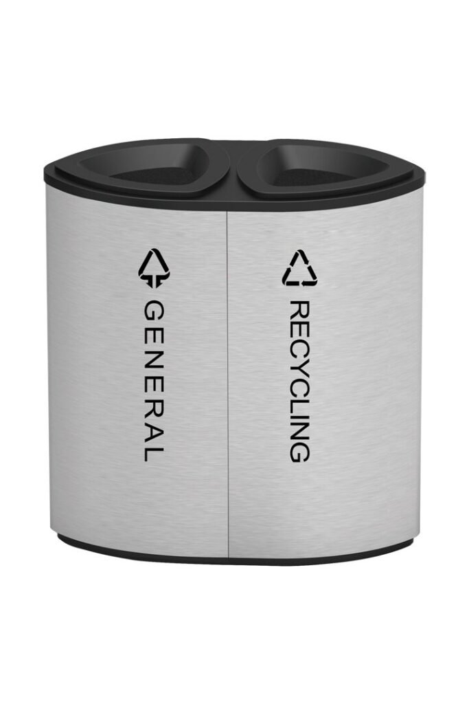 AGL-IL156 brushed stainless steel dual recycling bin with separate general and recycling ports.