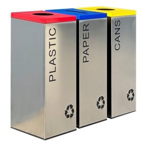 AGL-ILR14 triple-stream indoor rubbish bin made of brushed stainless steel with colored lids.