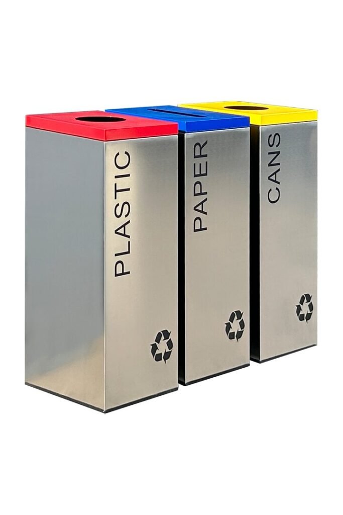 AGL-ILR14 triple-stream indoor rubbish bin made of brushed stainless steel with colored lids.