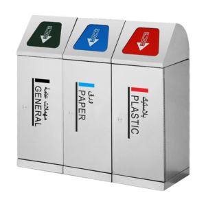 AGL-ILR192B triple-compartment Commercial recycling bins made of brushed stainless steel.