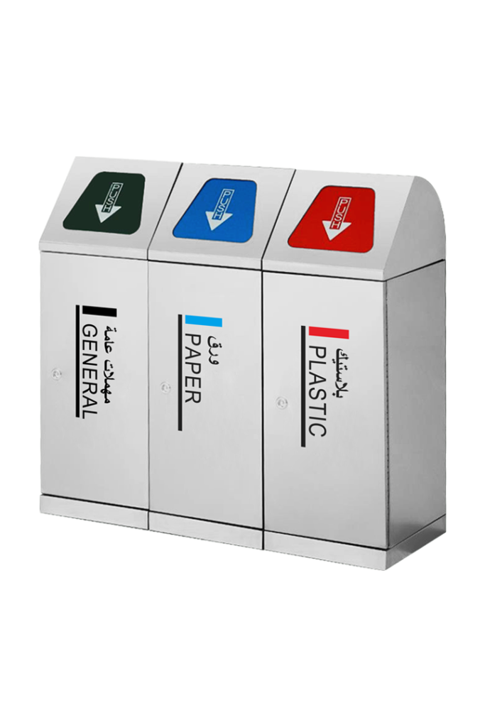 AGL-ILR192B triple-compartment Commercial recycling bins made of brushed stainless steel.