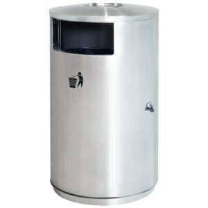AGL-ILR342 brushed stainless steel indoor dustbin with a side-entry door and lock.