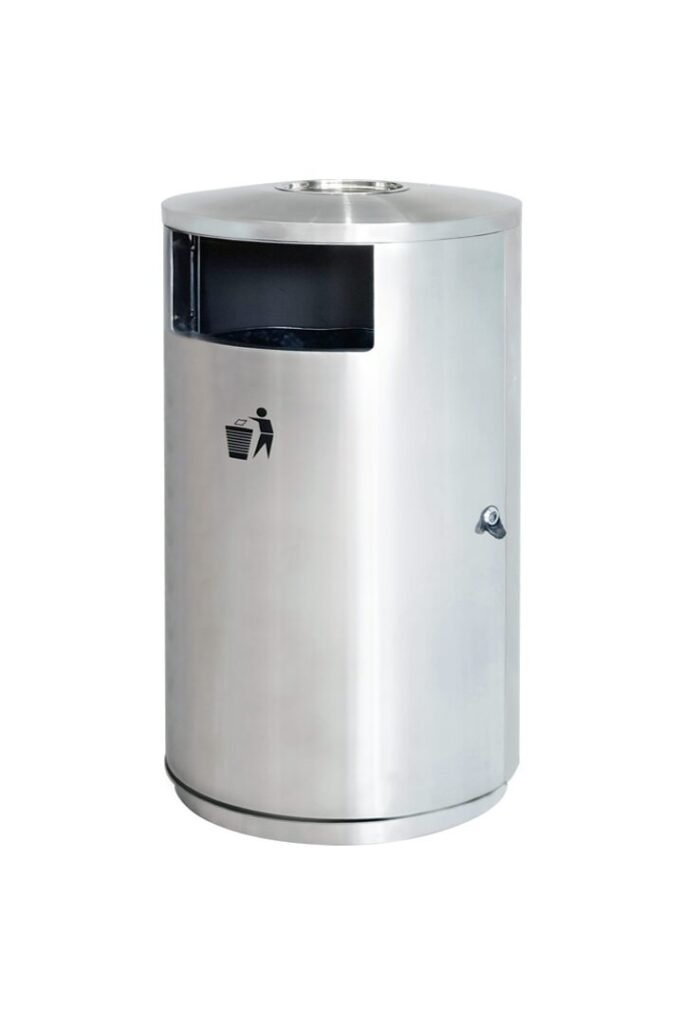 AGL-ILR342 brushed stainless steel indoor dustbin with a side-entry door and lock.