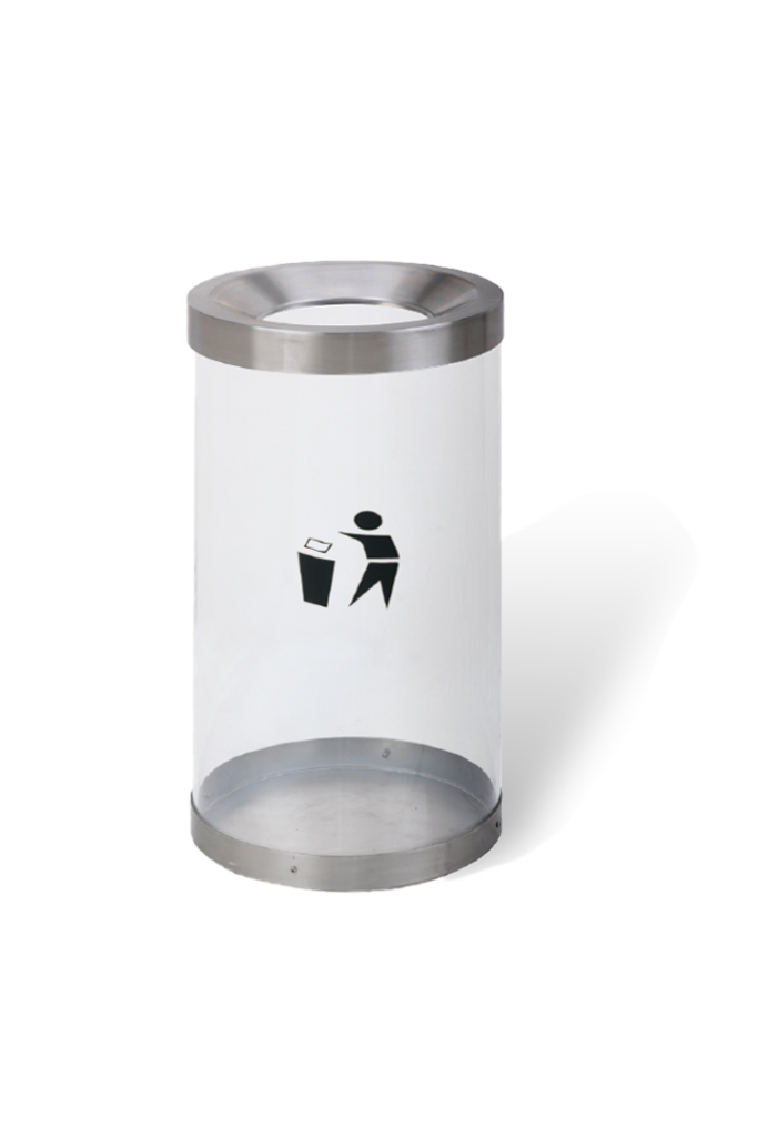 AGL-ILR348B clear acrylic indoor recycling bin with stainless steel base and lid.