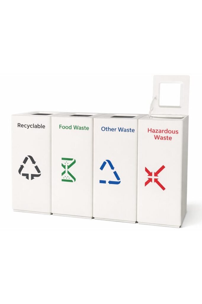 AGL-ILR440A white four-compartment indoor garbage bins made of stainless steel.