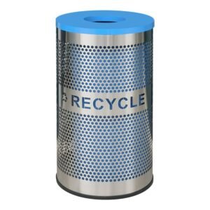 AGL-ILR482 perforated stainless steel indoor recycling bin with a bright blue lid.