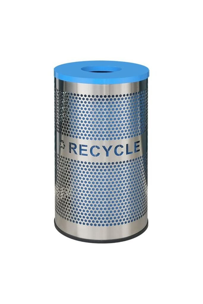 AGL-ILR482 perforated stainless steel indoor recycling bin with a bright blue lid.