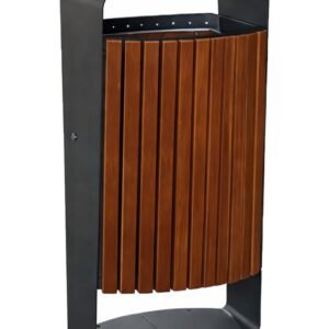 Modern outdoor garbage bin featuring brown WPC slats and a black galvanized steel frame.