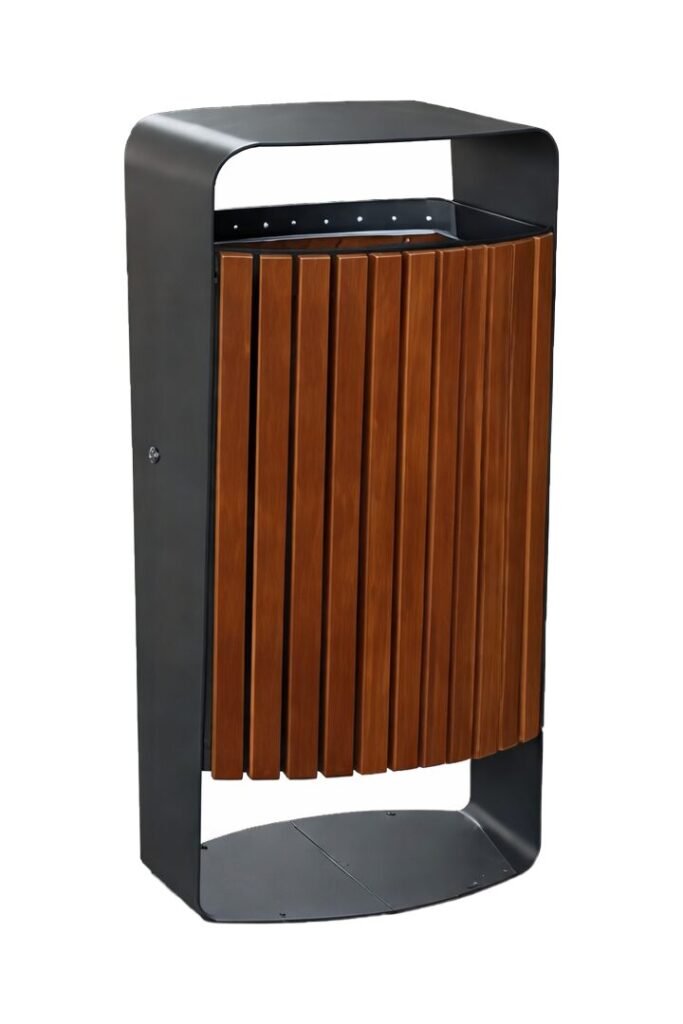 Modern outdoor garbage bin featuring brown WPC slats and a black galvanized steel frame.