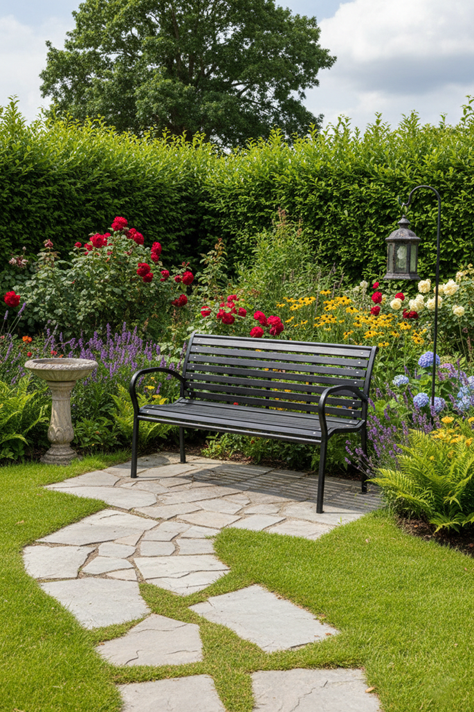 Steel Slatted Garden Bench | Modern Outdoor Park Seating - Image 2