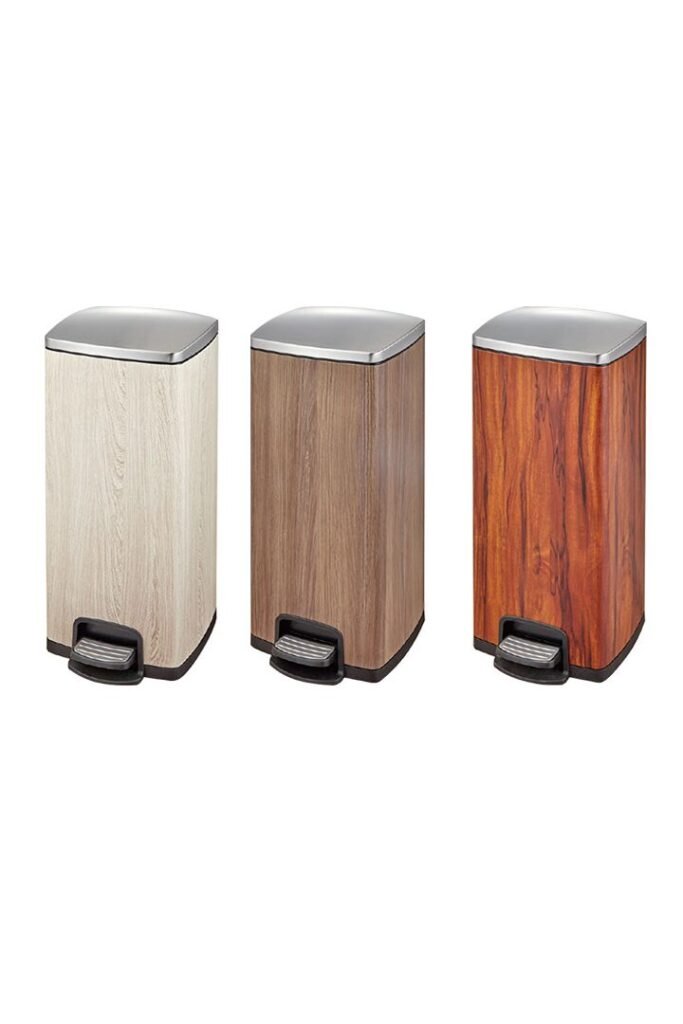 ILR481 indoor recycling bin series with luxury wood-grain finishes and silver lids.