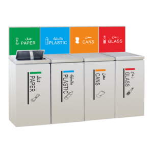 ILR62CSF four-compartment Commercial recycling bins with color-coded backboards.