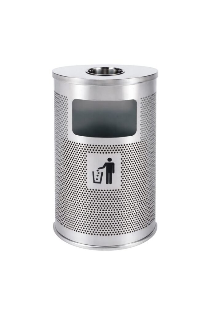 Perforated stainless steel indoor recycling bin with a top-loading opening.