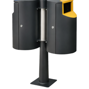 Dual-compartment outdoor metal trash receptacles mounted on a black central pedestal.