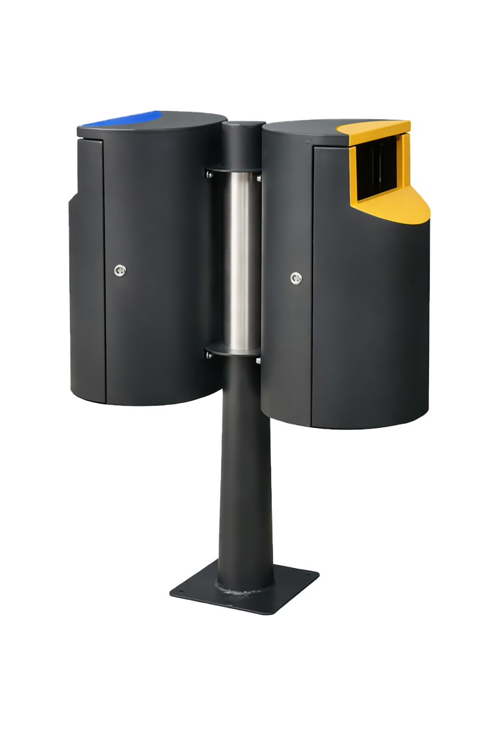 Dual-compartment outdoor metal trash receptacles mounted on a black central pedestal.