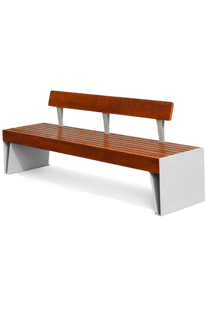 A black Architectural Outdoor Bench with a decorative laser-cut pattern and ergonomic frame.