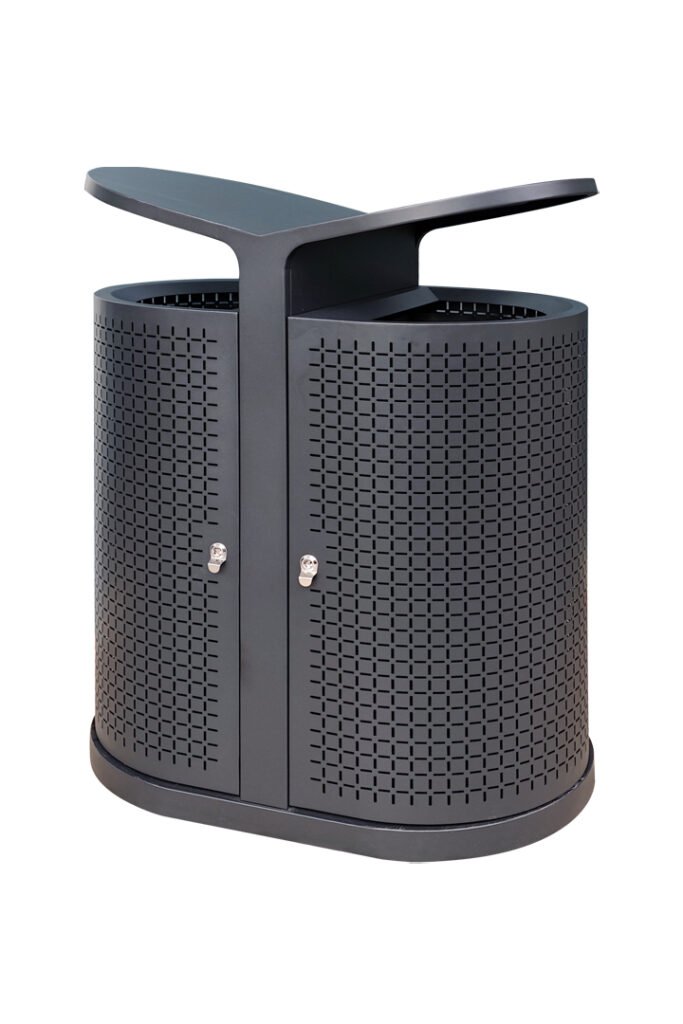 A charcoal grey Architectural Waste Recycling Bin with a perforated metal body and dual side-access doors.