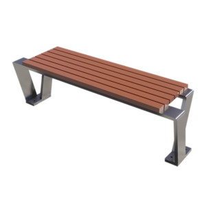 A modern Backless Outdoor WPC Bench with brown composite slats and a silver stainless steel Y-frame.