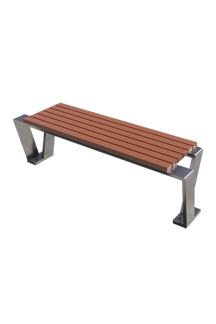 A modern Backless Outdoor WPC Bench with brown composite slats and a silver stainless steel Y-frame.