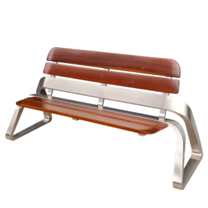 A Contemporary Outdoor Wood Bench with mahogany-colored slats and a curved stainless steel frame.