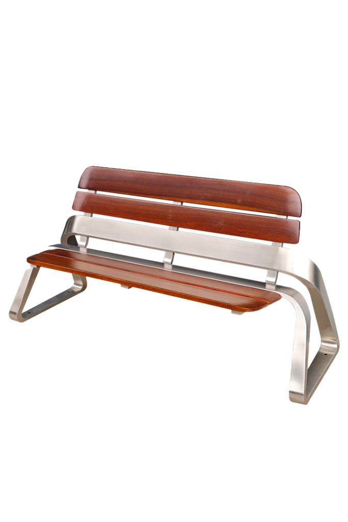 A Contemporary Outdoor Wood Bench with mahogany-colored slats and a curved stainless steel frame.