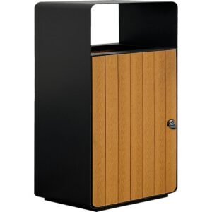 A Contemporary WPC Waste Bin with a black wrap-around frame and vertical brown composite slats.
