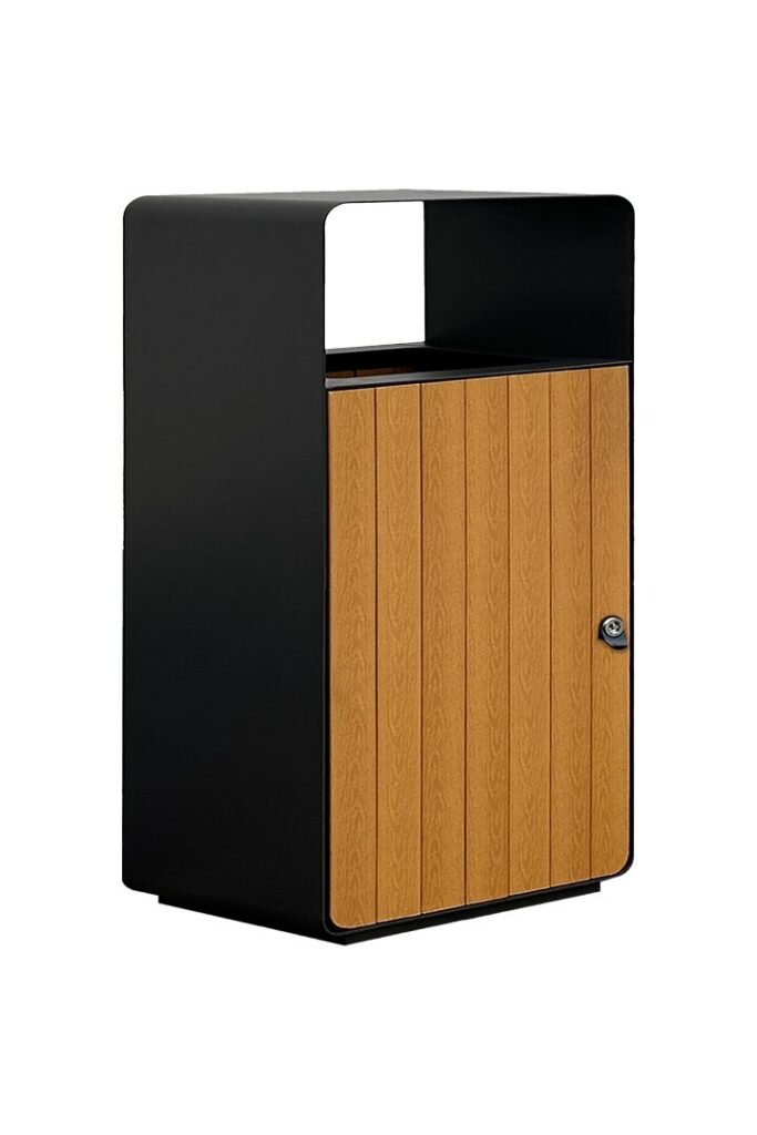 A Contemporary WPC Waste Bin with a black wrap-around frame and vertical brown composite slats.