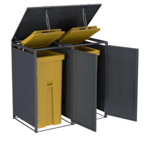 A high-quality Galvanized Double Bin Shed in Anthracite Grey with two front-opening doors.