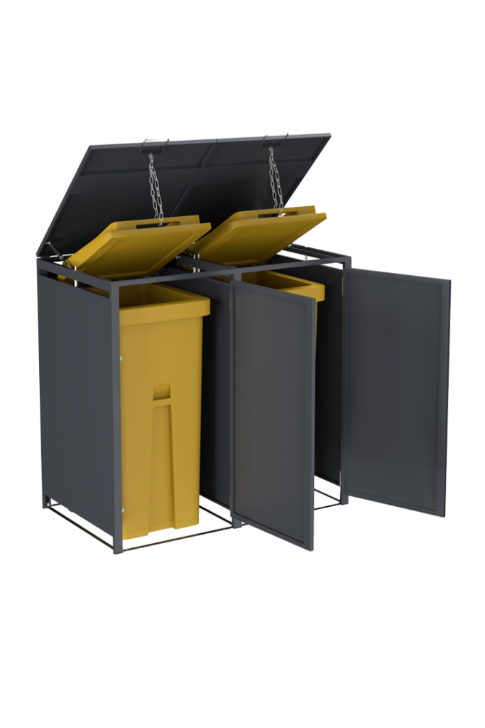 A high-quality Galvanized Double Bin Shed in Anthracite Grey with two front-opening doors.