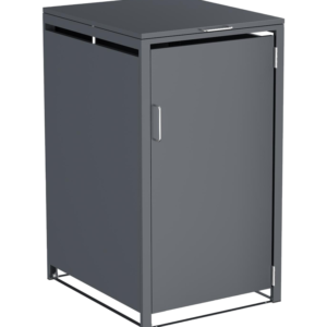 A durable Galvanized Single Bin Shed in Anthracite Grey featuring a top-loading lid and gas struts.