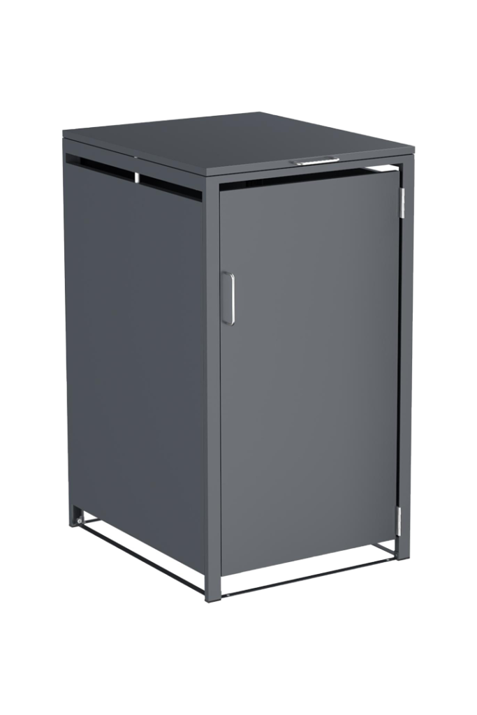 A durable Galvanized Single Bin Shed in Anthracite Grey featuring a top-loading lid and gas struts.
