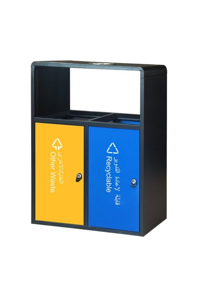 Dual-stream Outdoor Recycling Bin with yellow and blue sorting doors.