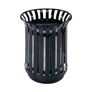 Black Industrial Urban Waste Bin with vertical iron slats and galvanized liner for city sidewalks.