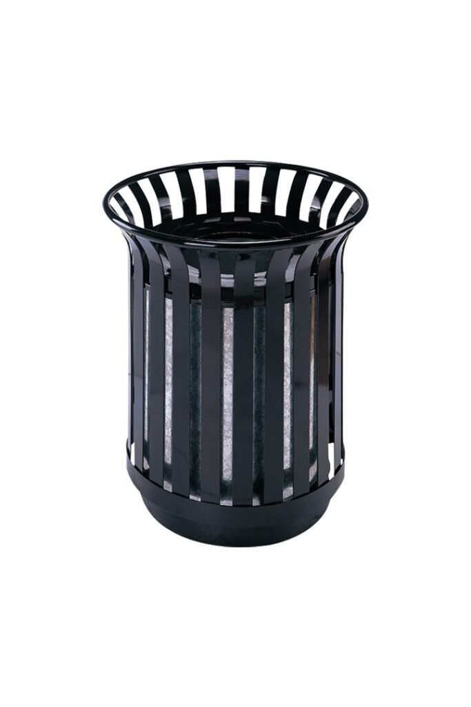 Black Industrial Urban Waste Bin with vertical iron slats and galvanized liner for city sidewalks.