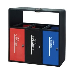 ALT Text: A triple-stream Large Outdoor Garbage Cans station in black with red, black, and blue labeled doors for paper, plastic, and cans.