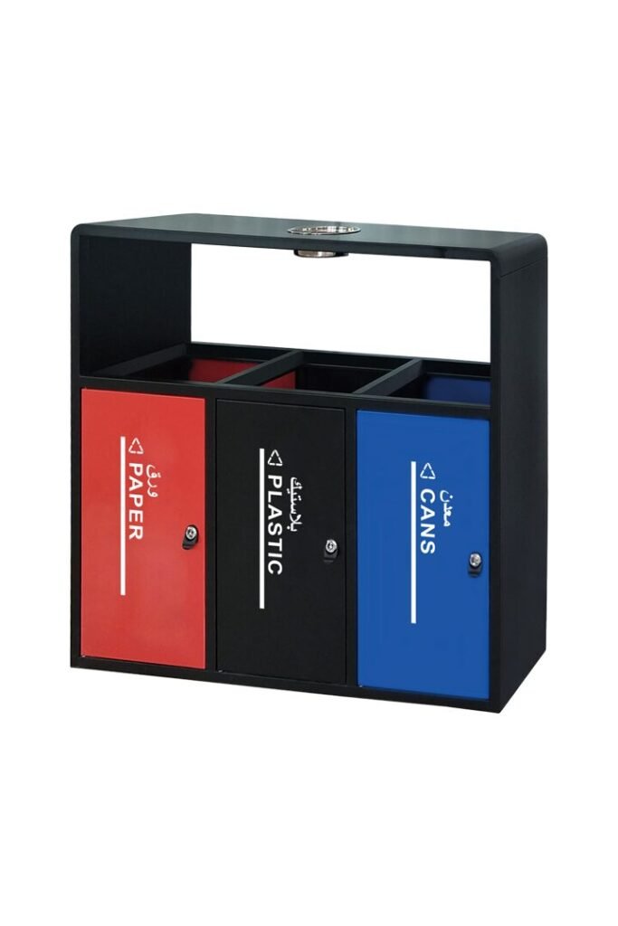 ALT Text: A triple-stream Large Outdoor Garbage Cans station in black with red, black, and blue labeled doors for paper, plastic, and cans.