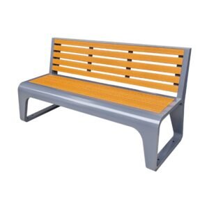 A Modern Composite Garden Bench with orange WPC slats and a gray powder-coated steel frame.