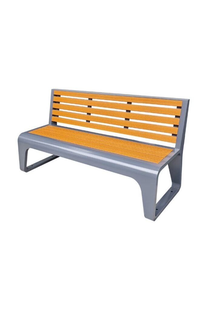 A Modern Composite Garden Bench with orange WPC slats and a gray powder-coated steel frame.
