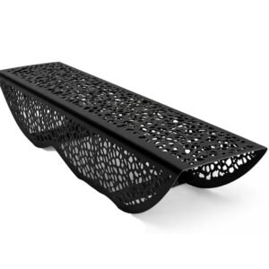 A black Modern Iron Garden Bench with a decorative laser-cut pattern for outdoor garden seating. Title
