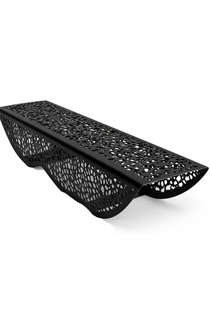 A black Modern Iron Garden Bench with a decorative laser-cut pattern for outdoor garden seating. Title