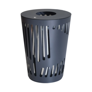 A tapered black Modern Slatted Waste Bin made of galvanized steel with laser-cut vertical openings.