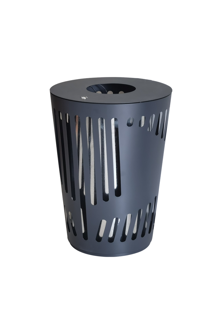 A tapered black Modern Slatted Waste Bin made of galvanized steel with laser-cut vertical openings.