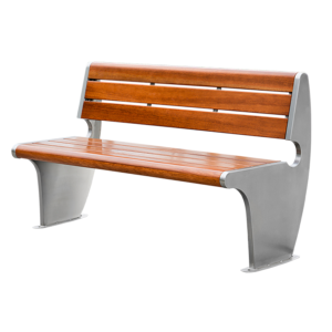 A Modern Steel Park Bench with natural wood-look slats and a polished stainless steel frame.