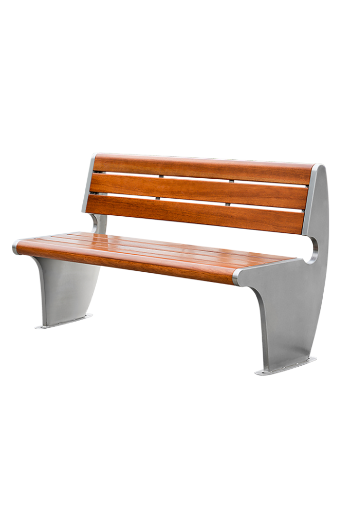 A Modern Steel Park Bench with natural wood-look slats and a polished stainless steel frame.